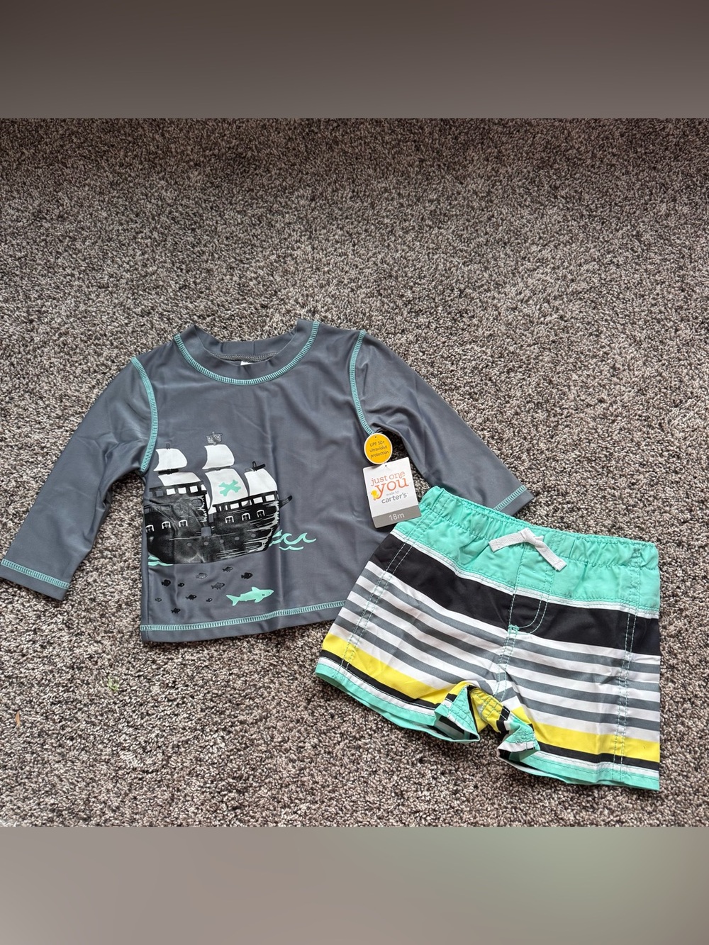 Gray and Teal Kids Swim Set — Long-Sleeve Rash Guard with Striped Trunks